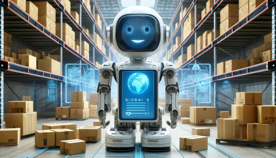 DALL·E-2024-04-11-11.56.58-Modify-the-previous-image-to-add-the-text-Global-e-prominently-on-the-robot-which-is-depicted-in-a-large-modern-warehouse.-The-robot-now-has-a-des