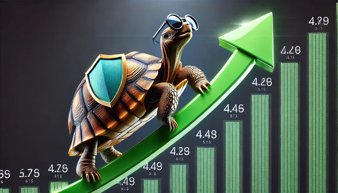 DALL·E-2024-06-25-23.01.00-A-determined-tortoise-wearing-sunglasses-and-a-shield-on-its-shell-climbing-a-rising-green-stock-price-arrow-with-a-dark-background.-The-image-shoul