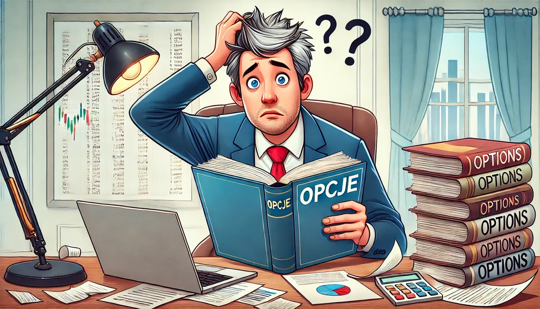 DALL·E-2024-07-14-20.26.09-An-investor-sitting-at-a-desk-with-a-laptop-and-papers-looking-confused.-The-investor-is-scratching-his-head-and-holding-a-book-with-the-title-OPCJE