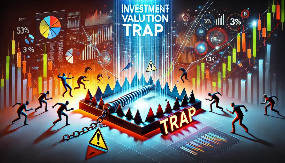 DALL·E-2024-09-08-17.34.21-A-dynamic-and-visually-striking-horizontal-graphic-depicting-investment-valuation-traps.-The-graphic-features-a-metaphorical-trap-with-visual-elemen