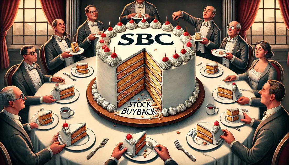 DALL·E-2024-09-17-20.12.14-A-large-delicious-cake-set-on-a-table-symbolizing-a-company-with-the-text-SBC-written-on-the-cake.-Around-the-cake-several-hands-are-reaching-fo