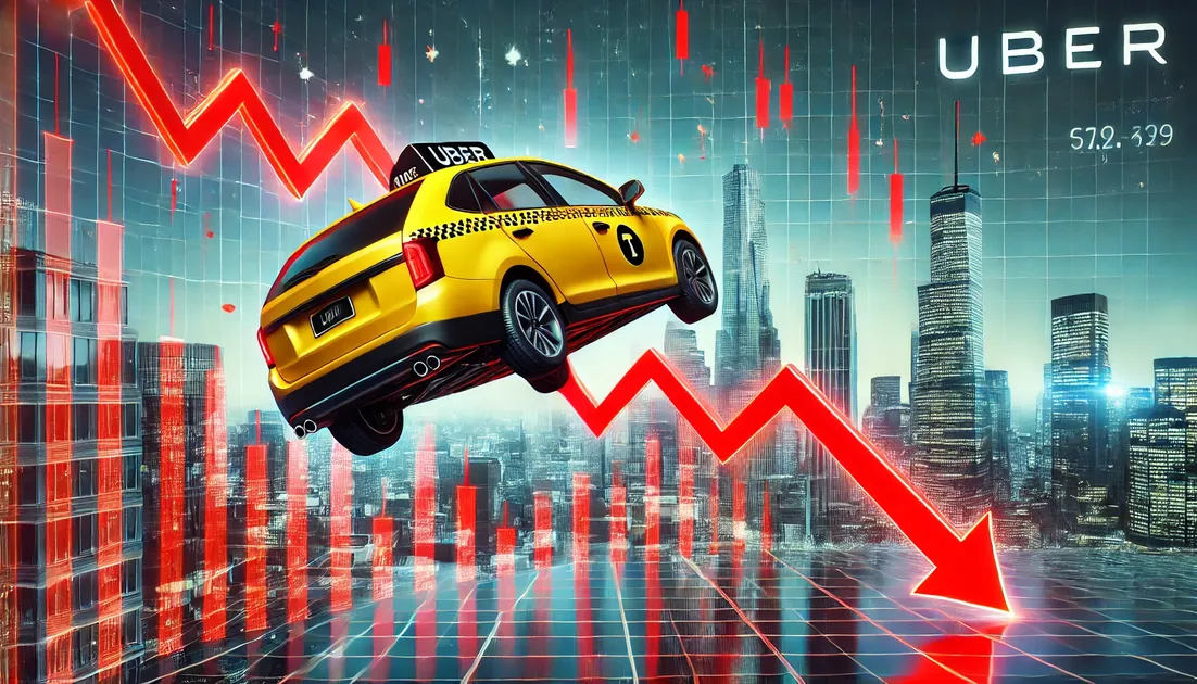 DALL·E-2024-11-01-17.18.33-A-realistic-digital-illustration-showing-an-Uber-taxi-plummeting-against-the-background-of-a-stock-market-chart-with-red-sharply-declining-lines-sym