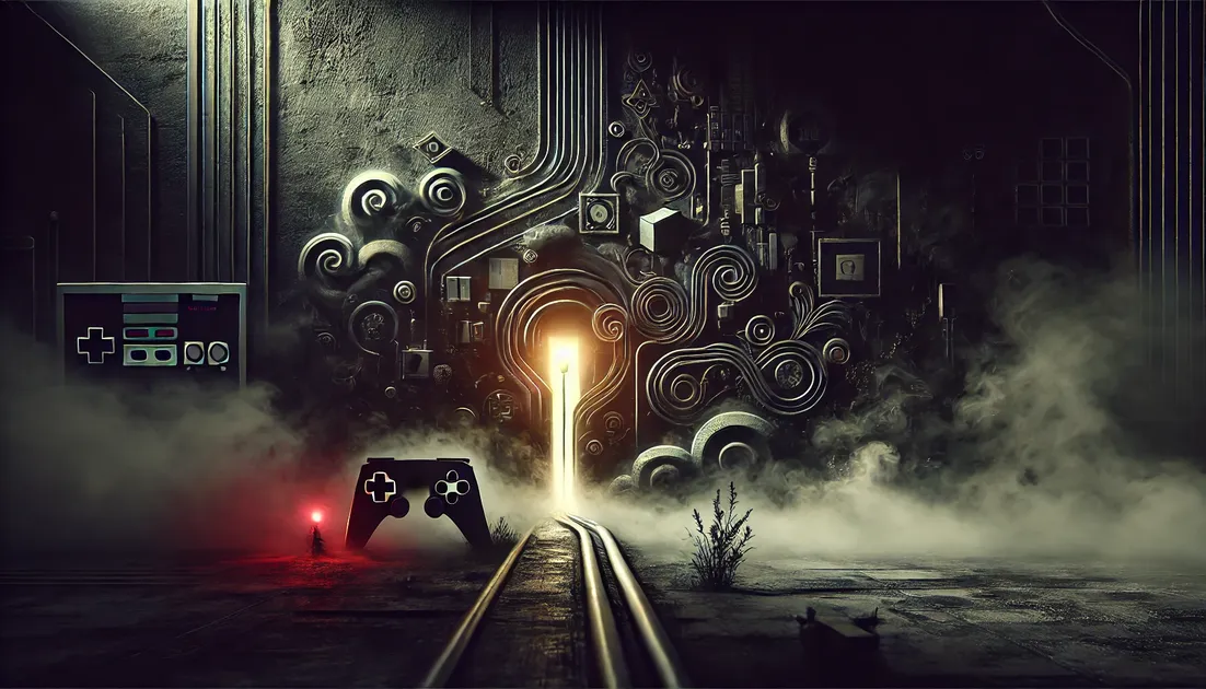 DALL·E 2025-01-24 13.45.02 – A dark and atmospheric image symbolizing the challenges and achievements of Bloober Team in creating high-quality games. The scene features abstract v
