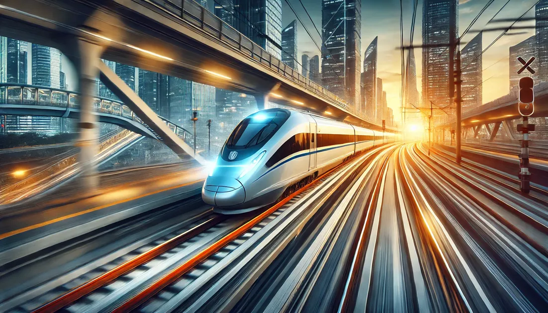 DALL·E 2025-02-05 14.25.57 – A modern Newag train speeding on a railway track, symbolizing investment growth in the railway sector. The scene features a futuristic urban backgroun