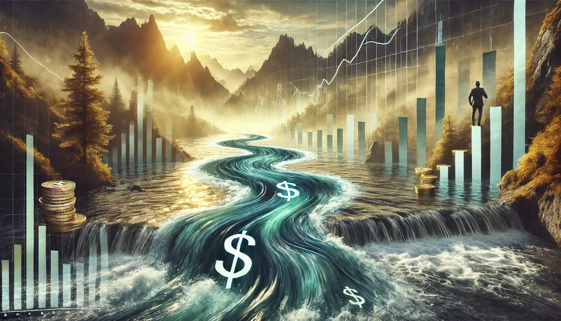 DALL·E 2025-03-18 12.36.37 – A surreal digital artwork combining stock market investing and cash flow analysis with elements of nature. A river flows through a financial chart, sy