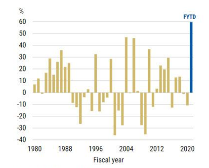 Stopa zwrotu z indeksu Nikkei 225 w pojedynczych latach fiskalnych od 1980 roku