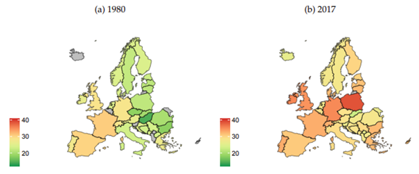 Udział 10% najlepiej zarabiających w dochodzie narodowym poszczególnych państw europejskich – porównanie roku 1980 i 2017.