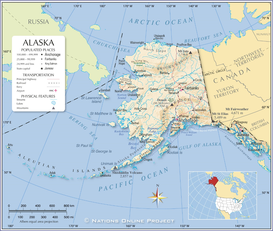 Mapa Alaski na tle USA