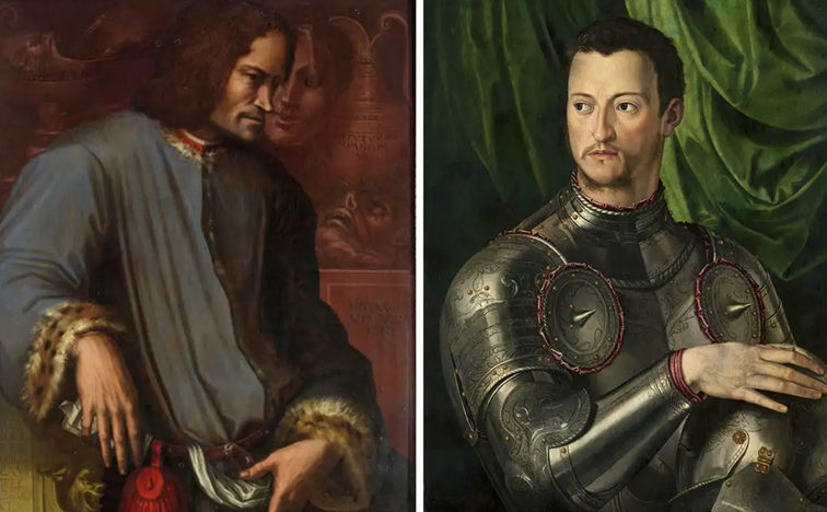 Portret Lorenza de'Medici autorstwa Giorgio Vasariego (po lewej) i  Cosimo I de Medici w zbroi autorstwa Bronzino