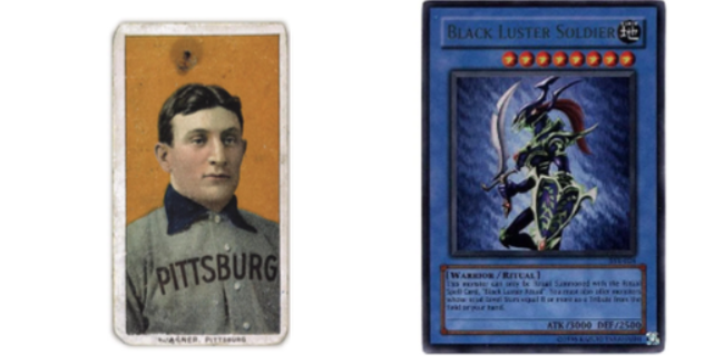 Dwie z najcenniejszych kart, jakie kiedykolwiek sprzedano: po lewej stronie karta Honus Wagner i po prawej Turniejowy Żołnierz Czarnego Połysku Yu-Gi-Oh!