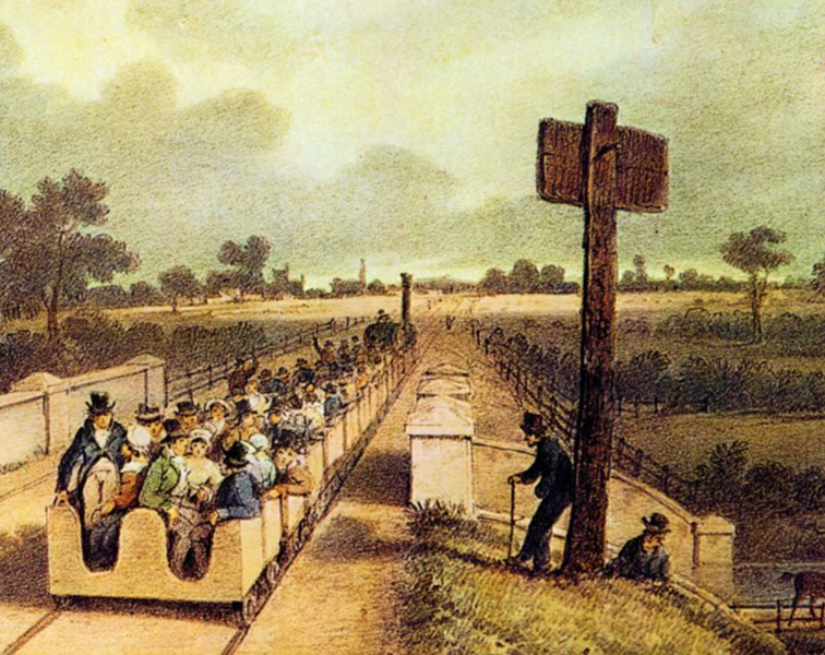 Obraz przedstawiający inauguracyjną podróż koleją Liverpool i Manchester autorstwa AB Claytona