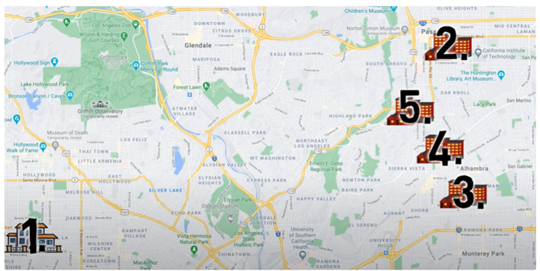 Położenie wszystkich projektów inwestycyjnych Mungera na mapie Los Angeles