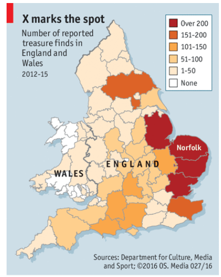 Liczba oficjalnych znalezisk skarbów w Anglii – dane za lata 2012 - 2015