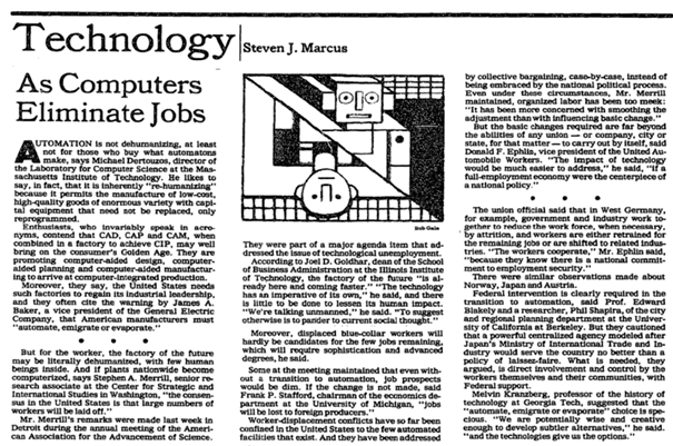 Fragment gazety dotyczący strachu przed zabraniem pracy przez technologie