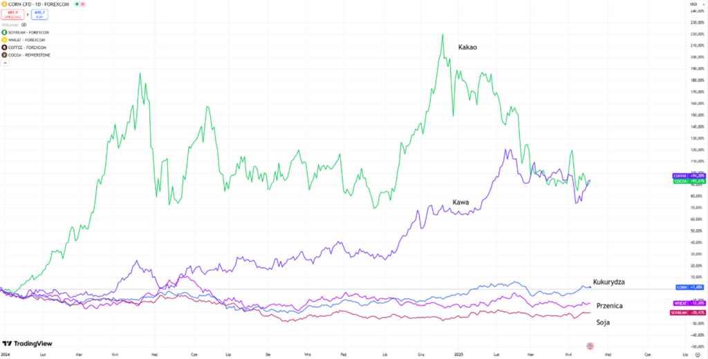 Surowce rolne w 2024–2025: Kakao i kawa na szczytach, zboża w stagnacji