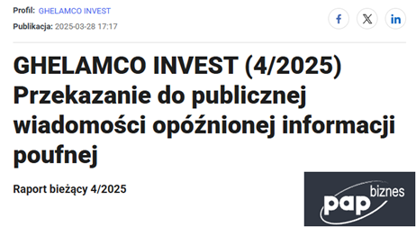 Ghelamco Invest ujawnia opóźnioną informację – rynkowy alarm