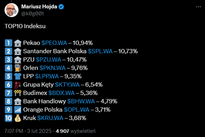 TOP10 spółek w indeksie – skład i udziały na luty 2025