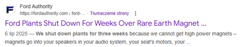 Przestoje w fabrykach Forda z powodu braku magnesów z metali ziem rzadkich